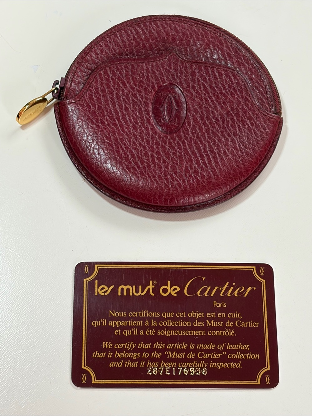 Cartier Must de Cartier Round Coin Pouch Burgundy Calfskin & Authenticity Card